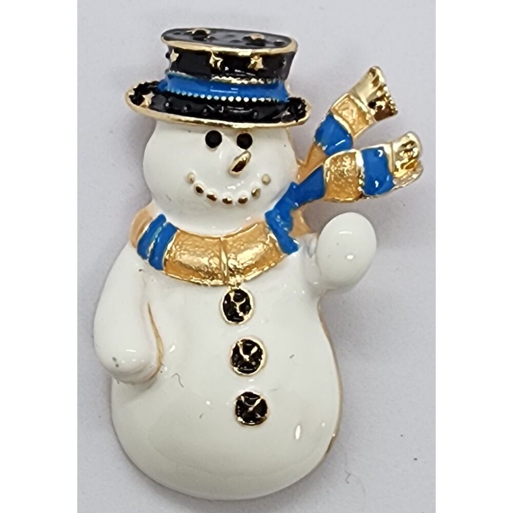 Snowman Brooch Jolly Waving Scarf & Top Hat Enamel Winter Christmas